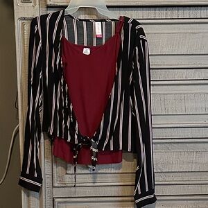 No Boundaries Black and Burgundy Striped Tie-Front Cardigan Set